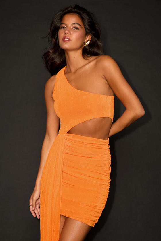 Neila Orange One-Shoulder Cutout Sash Mini Dress - Image 2