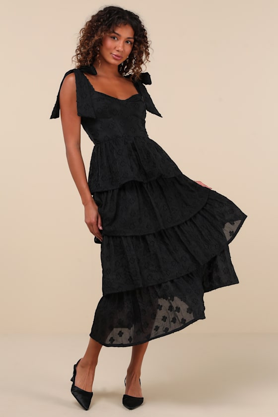 Gorgeous Excellence Black Floral Burnout Tiered Midi Dress