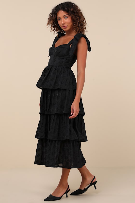 Gorgeous Excellence Black Floral Burnout Tiered Midi Dress - Image 2