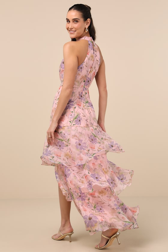 Forever Exceptional Light Pink Floral Halter Organza Maxi Dress - Image 2