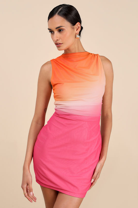 Jasmijn Pink and Orange Ombre Mesh Sleeveless Mini Dress