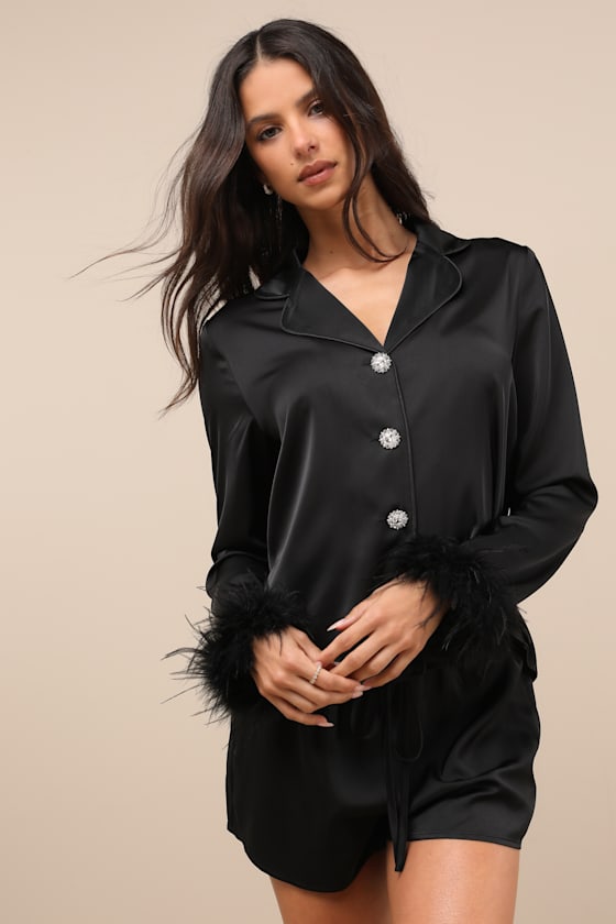 Lindon Black Satin Feather Two-Piece Pajama Set