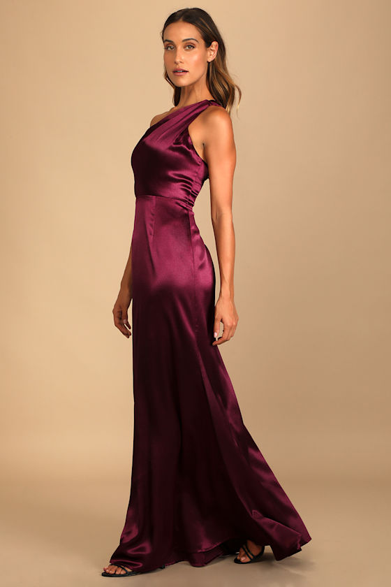 On the Guest List Burgundy Satin One-Shoulder Maxi Dress - Image 2